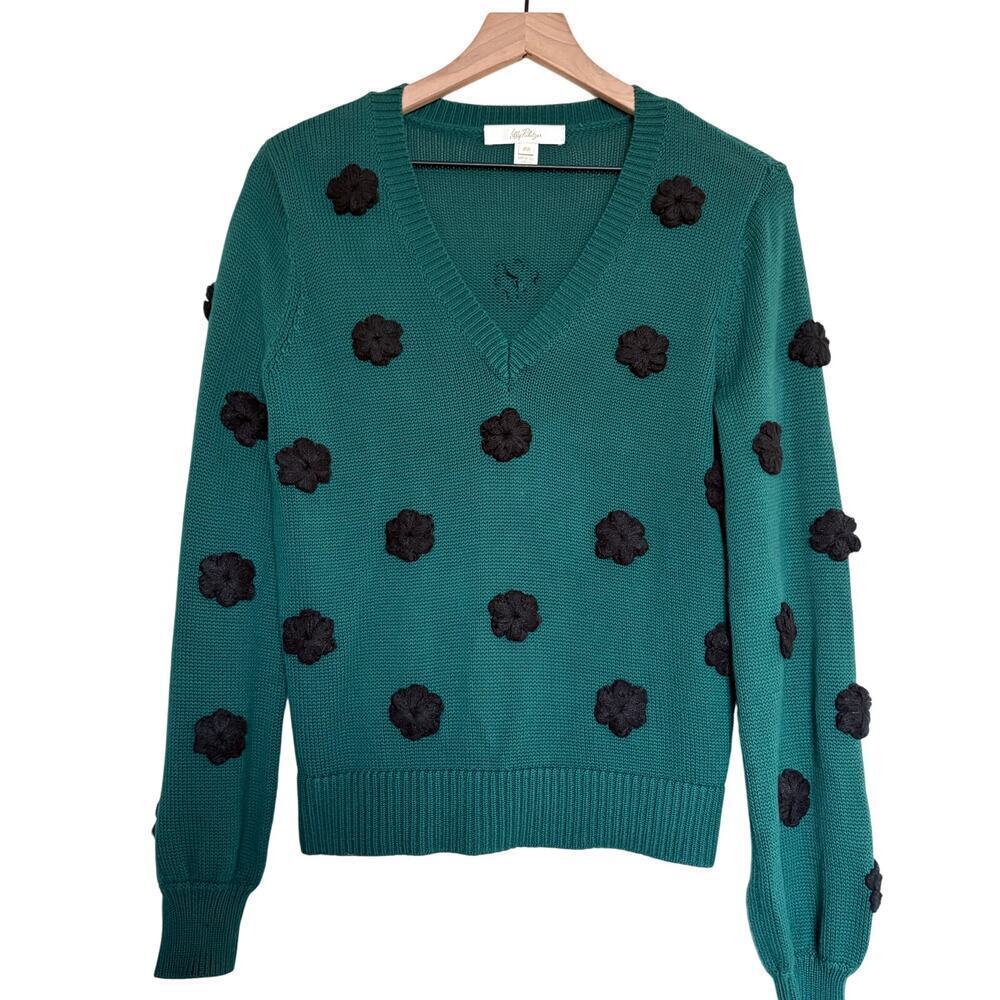 Lilly Pulitzer Green Sweater XS Pom Appliqué 3D Knit Holiday Winter skandigirl